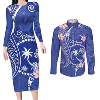FSM Chuuk Constitution Day Couples Matching Long Sleeve Bodycon Dress and Long Sleeve Button Shirt Frangipani Flowers Polynesian Curves Style LT14 Blue - Polynesian Pride