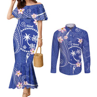 FSM Chuuk Constitution Day Couples Matching Mermaid Dress and Long Sleeve Button Shirt Frangipani Flowers Polynesian Curves Style LT14 Blue - Polynesian Pride