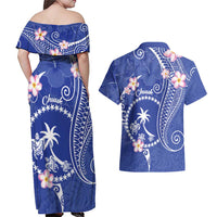 FSM Chuuk Constitution Day Couples Matching Off Shoulder Maxi Dress and Hawaiian Shirt Frangipani Flowers Polynesian Curves Style LT14 - Polynesian Pride