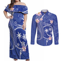 FSM Chuuk Constitution Day Couples Matching Off Shoulder Maxi Dress and Long Sleeve Button Shirt Frangipani Flowers Polynesian Curves Style LT14 Blue - Polynesian Pride