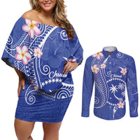 FSM Chuuk Constitution Day Couples Matching Off Shoulder Short Dress and Long Sleeve Button Shirt Frangipani Flowers Polynesian Curves Style LT14 Blue - Polynesian Pride
