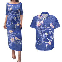 FSM Chuuk Constitution Day Couples Matching Puletasi and Hawaiian Shirt Frangipani Flowers Polynesian Curves Style LT14 Blue - Polynesian Pride
