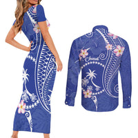 FSM Chuuk Constitution Day Couples Matching Short Sleeve Bodycon Dress and Long Sleeve Button Shirt Frangipani Flowers Polynesian Curves Style LT14 - Polynesian Pride