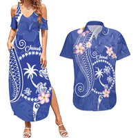 FSM Chuuk Constitution Day Couples Matching Summer Maxi Dress and Hawaiian Shirt Frangipani Flowers Polynesian Curves Style LT14 Blue - Polynesian Pride