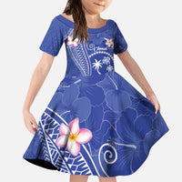 FSM Chuuk Constitution Day Family Matching Puletasi and Hawaiian Shirt Frangipani Flowers Polynesian Curves Style LT14 Daughter's Dress Blue - Polynesian Pride
