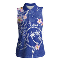 FSM Chuuk Constitution Day Women Sleeveless Polo Shirt Frangipani Flowers Polynesian Curves Style LT14 Female Blue - Polynesian Pride