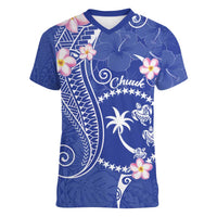 FSM Chuuk Constitution Day Women V-Neck T-Shirt Frangipani Flowers Polynesian Curves Style LT14 Female Blue - Polynesian Pride