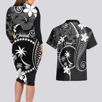 FSM Chuuk Couples Matching Long Sleeve Bodycon Dress and Hawaiian Shirt Turtle Tropical Flowers Polynesian - Black LT14 - Polynesian Pride