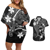 FSM Chuuk Couples Matching Off Shoulder Short Dress and Hawaiian Shirt Turtle Tropical Flowers Polynesian - Black LT14 Black - Polynesian Pride