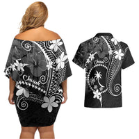 FSM Chuuk Couples Matching Off Shoulder Short Dress and Hawaiian Shirt Turtle Tropical Flowers Polynesian - Black LT14 - Polynesian Pride