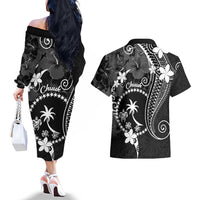 FSM Chuuk Couples Matching Off The Shoulder Long Sleeve Dress and Hawaiian Shirt Turtle Tropical Flowers Polynesian - Black LT14 - Polynesian Pride