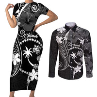 FSM Chuuk Couples Matching Short Sleeve Bodycon Dress and Long Sleeve Button Shirt Turtle Tropical Flowers Polynesian - Black LT14 Black - Polynesian Pride