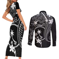 FSM Chuuk Couples Matching Short Sleeve Bodycon Dress and Long Sleeve Button Shirt Turtle Tropical Flowers Polynesian - Black LT14 - Polynesian Pride