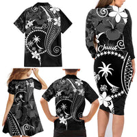 FSM Chuuk Family Matching Long Sleeve Bodycon Dress and Hawaiian Shirt Turtle Tropical Flowers Polynesian - Black LT14 - Polynesian Pride