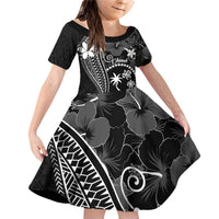 FSM Chuuk Family Matching Off Shoulder Short Dress and Hawaiian Shirt Turtle Tropical Flowers Polynesian - Black LT14 Daughter's Dress Black - Polynesian Pride