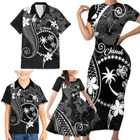 FSM Chuuk Family Matching Short Sleeve Bodycon Dress and Hawaiian Shirt Turtle Tropical Flowers Polynesian - Black LT14 - Polynesian Pride
