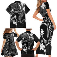 FSM Chuuk Family Matching Short Sleeve Bodycon Dress and Hawaiian Shirt Turtle Tropical Flowers Polynesian - Black LT14 - Polynesian Pride