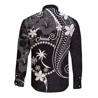 FSM Chuuk Long Sleeve Button Shirt Turtle Tropical Flowers Polynesian - Black LT14 - Polynesian Pride