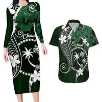 FSM Chuuk Couples Matching Long Sleeve Bodycon Dress and Hawaiian Shirt Turtle Tropical Flowers Polynesian - Green LT14 Green - Polynesian Pride