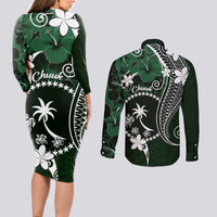 FSM Chuuk Couples Matching Long Sleeve Bodycon Dress and Long Sleeve Button Shirt Turtle Tropical Flowers Polynesian - Green LT14 - Polynesian Pride