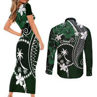 FSM Chuuk Couples Matching Short Sleeve Bodycon Dress and Long Sleeve Button Shirt Turtle Tropical Flowers Polynesian - Green LT14 - Polynesian Pride