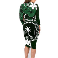 FSM Chuuk Family Matching Long Sleeve Bodycon Dress and Hawaiian Shirt Turtle Tropical Flowers Polynesian - Green LT14 - Polynesian Pride