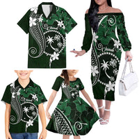 FSM Chuuk Family Matching Off The Shoulder Long Sleeve Dress and Hawaiian Shirt Turtle Tropical Flowers Polynesian - Green LT14 - Polynesian Pride