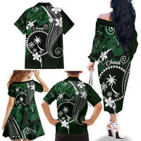 FSM Chuuk Family Matching Off The Shoulder Long Sleeve Dress and Hawaiian Shirt Turtle Tropical Flowers Polynesian - Green LT14 - Polynesian Pride