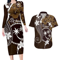 FSM Chuuk Couples Matching Long Sleeve Bodycon Dress and Hawaiian Shirt Turtle Tropical Flowers Polynesian - Brown LT14 Brown - Polynesian Pride