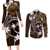 FSM Chuuk Couples Matching Long Sleeve Bodycon Dress and Long Sleeve Button Shirt Turtle Tropical Flowers Polynesian - Brown LT14 Brown - Polynesian Pride