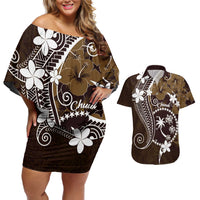 FSM Chuuk Couples Matching Off Shoulder Short Dress and Hawaiian Shirt Turtle Tropical Flowers Polynesian - Brown LT14 Brown - Polynesian Pride