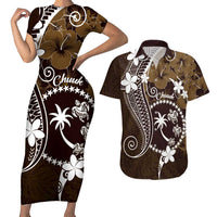 FSM Chuuk Couples Matching Short Sleeve Bodycon Dress and Hawaiian Shirt Turtle Tropical Flowers Polynesian - Brown LT14 Brown - Polynesian Pride
