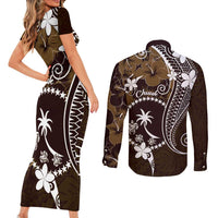 FSM Chuuk Couples Matching Short Sleeve Bodycon Dress and Long Sleeve Button Shirt Turtle Tropical Flowers Polynesian - Brown LT14 - Polynesian Pride