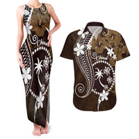 FSM Chuuk Couples Matching Tank Maxi Dress and Hawaiian Shirt Turtle Tropical Flowers Polynesian - Brown LT14 Brown - Polynesian Pride
