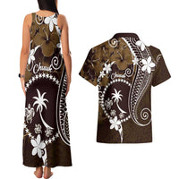 FSM Chuuk Couples Matching Tank Maxi Dress and Hawaiian Shirt Turtle Tropical Flowers Polynesian - Brown LT14 - Polynesian Pride