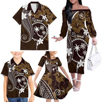 FSM Chuuk Family Matching Off The Shoulder Long Sleeve Dress and Hawaiian Shirt Turtle Tropical Flowers Polynesian - Brown LT14 - Polynesian Pride