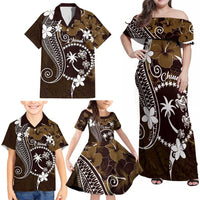 FSM Chuuk Family Matching Off Shoulder Maxi Dress and Hawaiian Shirt Turtle Tropical Flowers Polynesian - Brown LT14 - Polynesian Pride