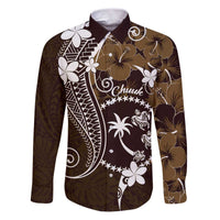 FSM Chuuk Family Matching Puletasi and Hawaiian Shirt Turtle Tropical Flowers Polynesian - Brown LT14 Dad's Shirt - Long Sleeve Brown - Polynesian Pride