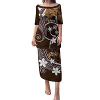 FSM Chuuk Family Matching Puletasi and Hawaiian Shirt Turtle Tropical Flowers Polynesian - Brown LT14 Mom's Dress Brown - Polynesian Pride