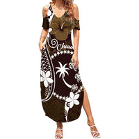FSM Chuuk Family Matching Summer Maxi Dress and Hawaiian Shirt Turtle Tropical Flowers Polynesian - Brown LT14 Mom's Dress Brown - Polynesian Pride