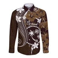FSM Chuuk Long Sleeve Button Shirt Turtle Tropical Flowers Polynesian - Brown LT14 Unisex Brown - Polynesian Pride