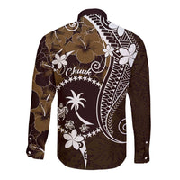 FSM Chuuk Long Sleeve Button Shirt Turtle Tropical Flowers Polynesian - Brown LT14 - Polynesian Pride