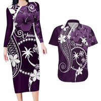 FSM Chuuk Couples Matching Long Sleeve Bodycon Dress and Hawaiian Shirt Turtle Tropical Flowers Polynesian - Purple LT14 Purple - Polynesian Pride