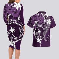 FSM Chuuk Couples Matching Long Sleeve Bodycon Dress and Hawaiian Shirt Turtle Tropical Flowers Polynesian - Purple LT14 - Polynesian Pride