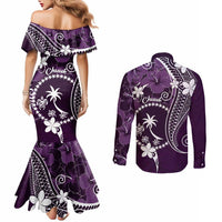 FSM Chuuk Couples Matching Mermaid Dress and Long Sleeve Button Shirt Turtle Tropical Flowers Polynesian - Purple LT14 - Polynesian Pride