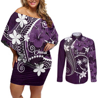 FSM Chuuk Couples Matching Off Shoulder Short Dress and Long Sleeve Button Shirt Turtle Tropical Flowers Polynesian - Purple LT14 Purple - Polynesian Pride