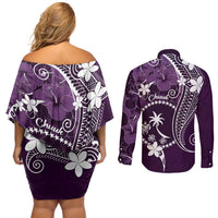 FSM Chuuk Couples Matching Off Shoulder Short Dress and Long Sleeve Button Shirt Turtle Tropical Flowers Polynesian - Purple LT14 - Polynesian Pride