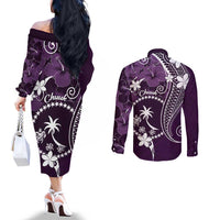FSM Chuuk Couples Matching Off The Shoulder Long Sleeve Dress and Long Sleeve Button Shirt Turtle Tropical Flowers Polynesian - Purple LT14 - Polynesian Pride