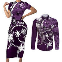 FSM Chuuk Couples Matching Short Sleeve Bodycon Dress and Long Sleeve Button Shirt Turtle Tropical Flowers Polynesian - Purple LT14 Purple - Polynesian Pride