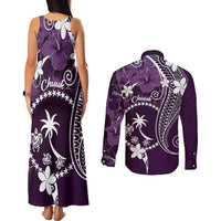 FSM Chuuk Couples Matching Tank Maxi Dress and Long Sleeve Button Shirt Turtle Tropical Flowers Polynesian - Purple LT14 - Polynesian Pride